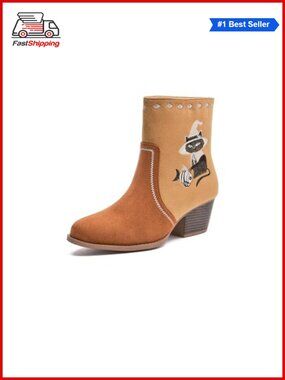 ✨ Hamesk Cowboy Boots for Women Western Cowgirl Low Chunky Heel Pointed Toe Mid